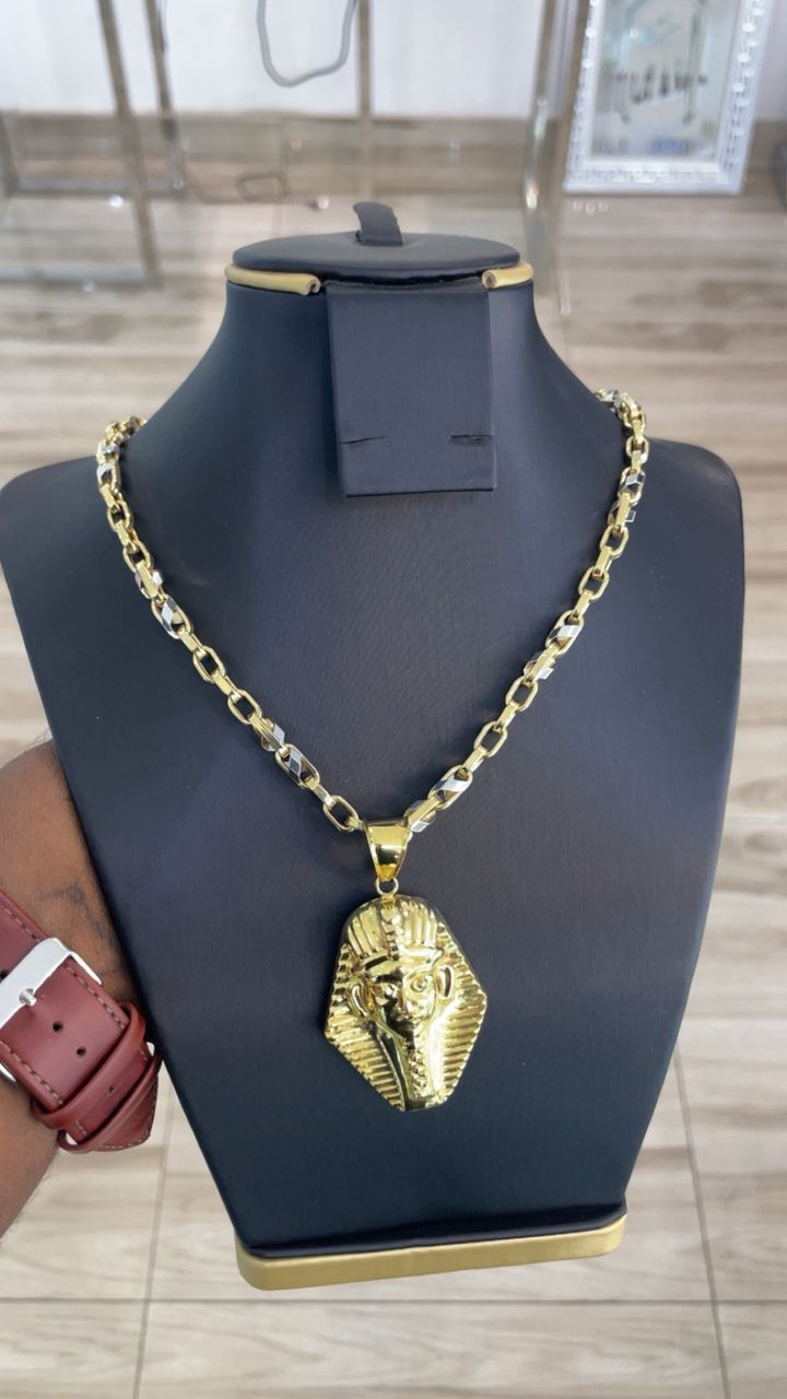 Collier Pendentif Pharaon Or Bicolore avec Chaîne Alternée